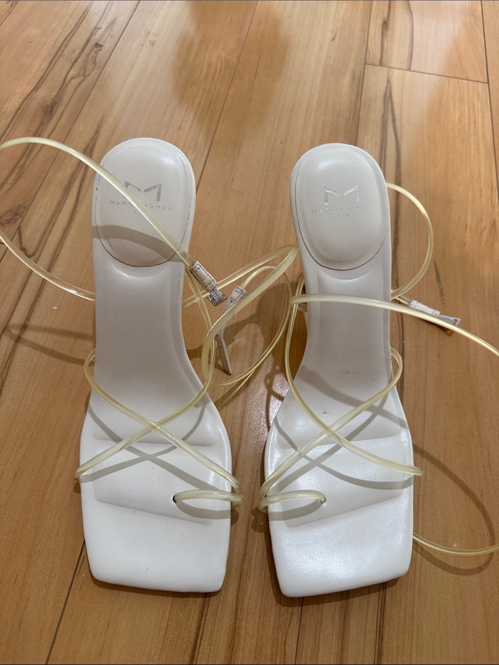 Marc Fisher White Square-Toe Women's Sandals with Clear Lace-Up Straps